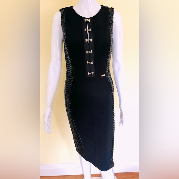Euroka black pencil dress gold metal hook & eye front braided leather accent US4 - Picture 1 of 16